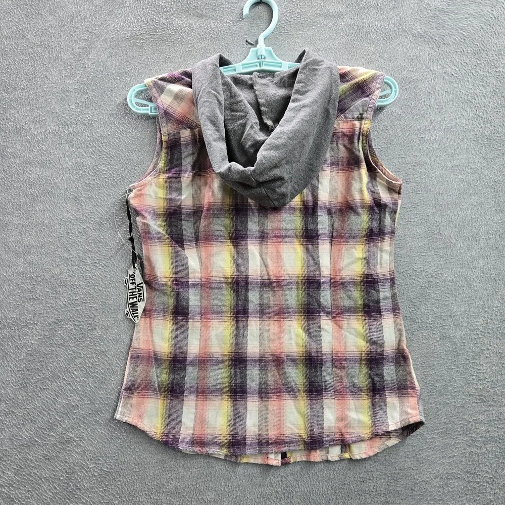 Vans Women Button Up Shirt S Plaid Flannel Hooded Grunge‎ Skater Sleeveless NWT
